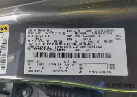 2021 Ford Ranger Lariat из США, поврежденный, VIN 1FTER4FHXMLD32936